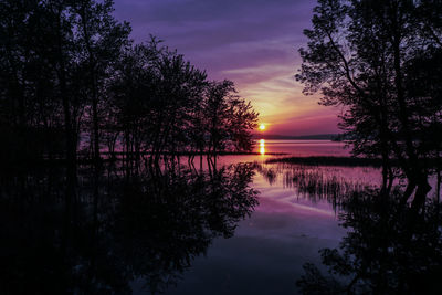 Silhouette trees by lake against sky during sunset