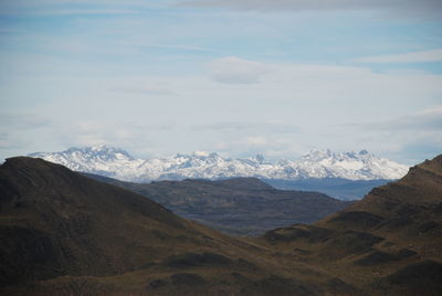 Scenic view of snowcapped mountains against sky