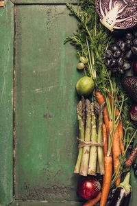 High angle view of vegetables and fruits on table