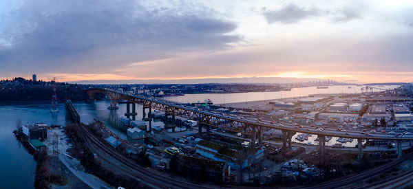 High angle view of city against sky during sunset