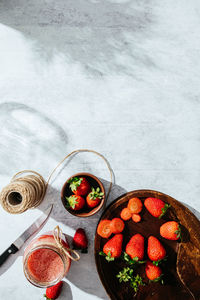 High angle view of fruits in bowl on table