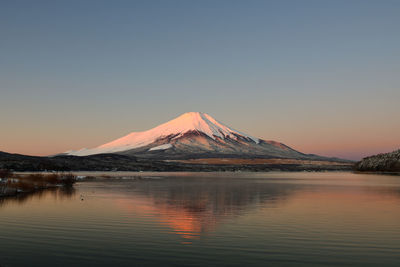 Scenic view of lake against clear sky during sunset