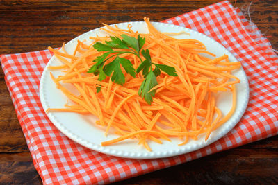 High angle view of food in plate on table