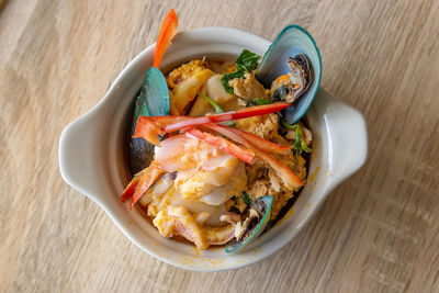 High angle view of food in bowl on table