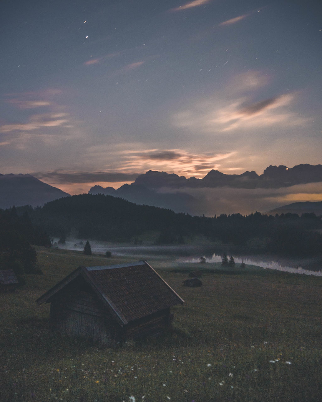 sky, scenics - nature, beauty in nature, mountain, environment, tranquility, cloud - sky, landscape, tranquil scene, nature, architecture, sunset, no people, field, house, land, built structure, building, idyllic, plant, outdoors