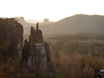 Blosstock rock and far falkenstein seen from affensteine viewing point in saxony switzerland
