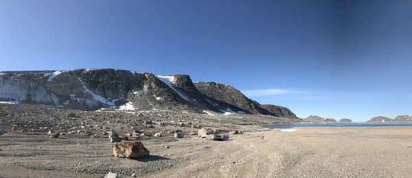 Scenic view of rocky mountains against clear blue sky