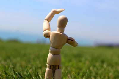 Close-up of wooden figurine on grass against sky