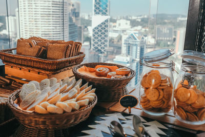 Close-up of cake in basket on table