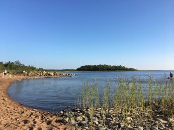 Scenic view of lake against clear blue sky