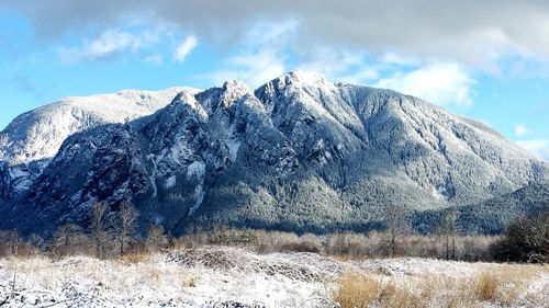 Scenic view of snow covered mountains against sky