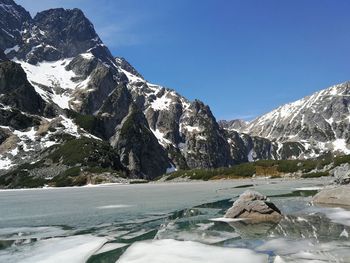 Scenic view of snowcapped mountains against sky czarny staw pod rysy