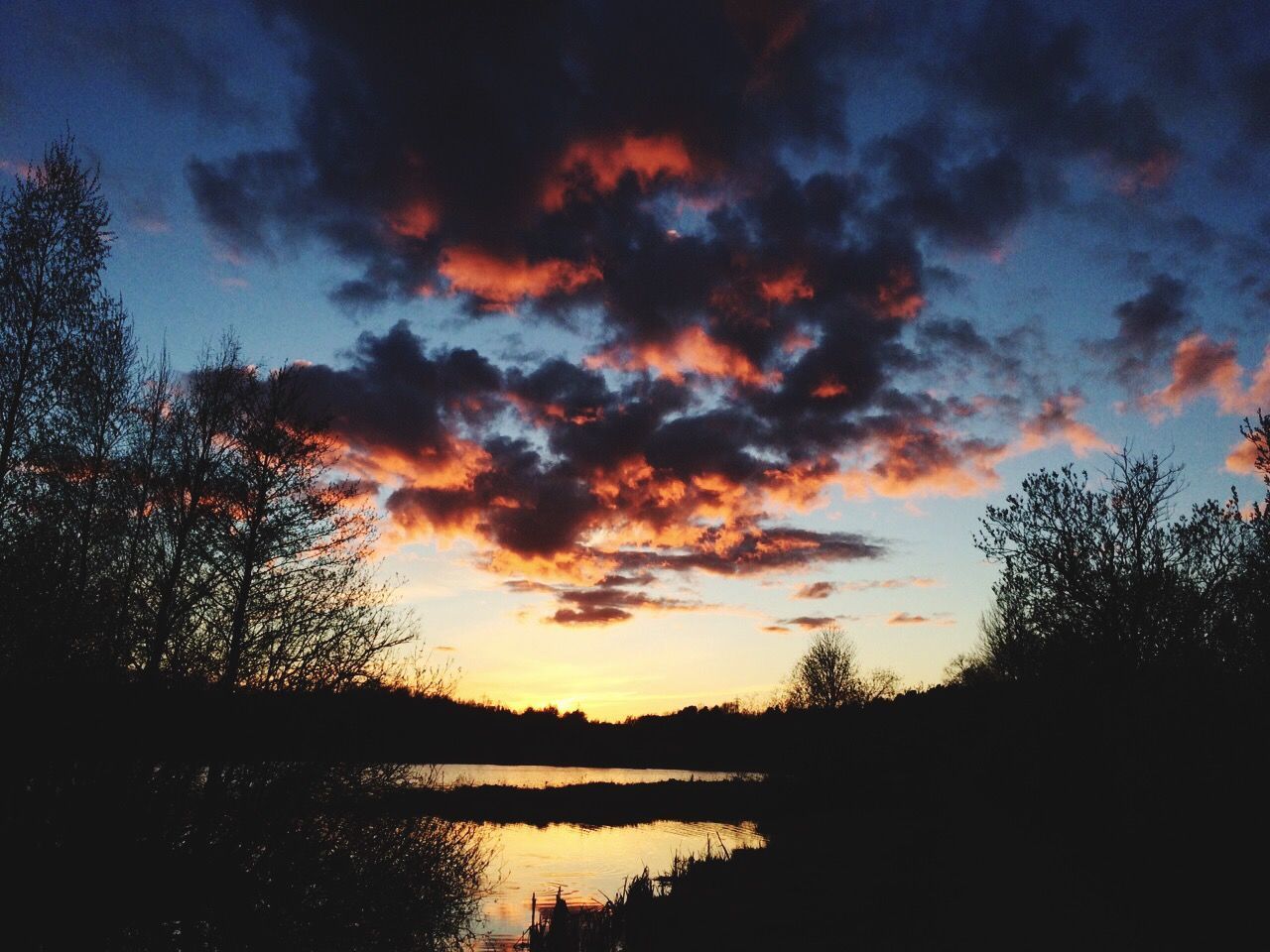 sunset, sky, tranquil scene, scenics, tranquility, water, beauty in nature, silhouette, cloud - sky, tree, lake, reflection, nature, idyllic, cloudy, cloud, dramatic sky, orange color, majestic, outdoors