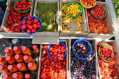 High angle view of various vegetables for sale in market