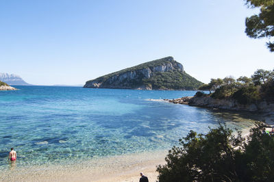 Scenic view of sea against clear blue sky