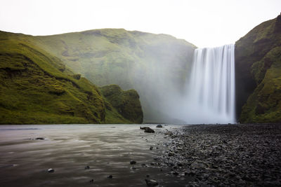 A long exposure image of skogafoss waterfall in southern iceland.