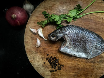 High angle view of fish on table