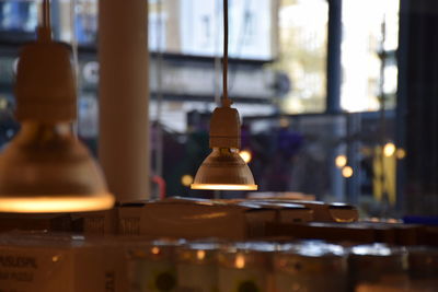 Close-up of lit hanging lights