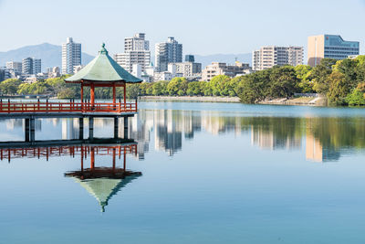 Reflection of buildings in lake