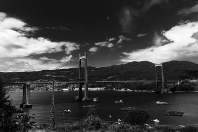 View of bridge over river against cloudy sky