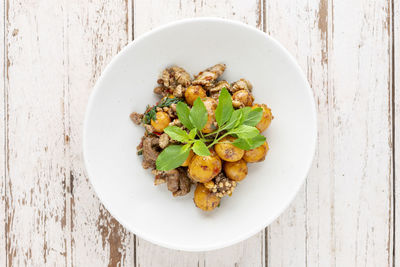 High angle view of food in bowl on table