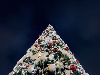 Looking up at christmas tree shining brightly in the night