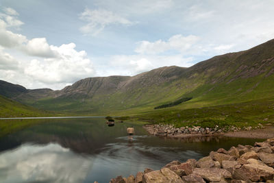 Scenic view of lake and mountains against sky