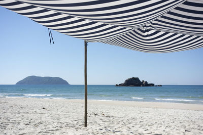 Beach tents and the sea at sundown.