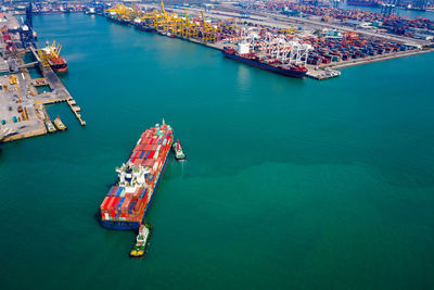 High angle view of ship at harbor