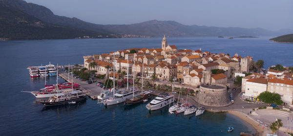 High angle view of boats in sea