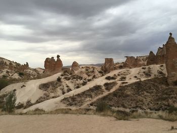 View of rock formations against cloudy sky