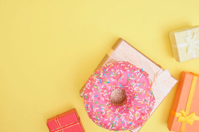 High angle view of cake in box on table