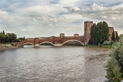 View from the river on the medieval castle and bridge