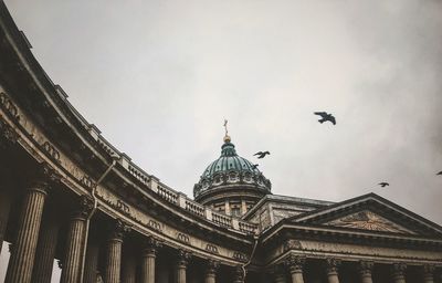 Low angle view of birds flying against building and sky