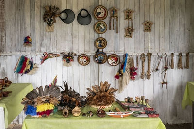Typical wooden amazon handcraft art on local store in negro river