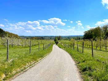 Empty road amidst field against sky