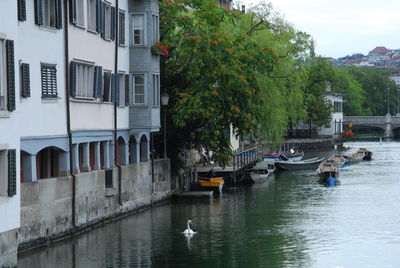 Boats in canal along buildings