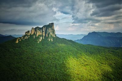 Scenic view of mountains against cloudy sky