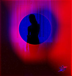 Digital composite image of silhouette woman against blue wall