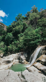 Scenic view of waterfall in forest against sky