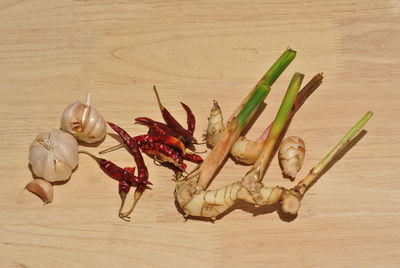 High angle view of garlic with red chili pepper and galangal on wooden table