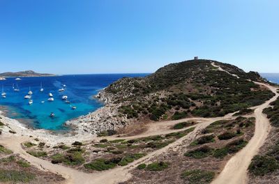 Scenic view of sea against clear blue sky