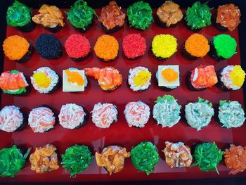 High angle view of sushi on table