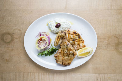 High angle view of meal served on table