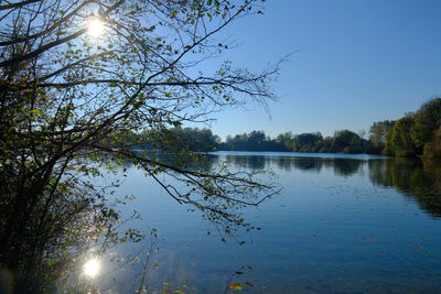 Scenic view of lake against clear blue sky