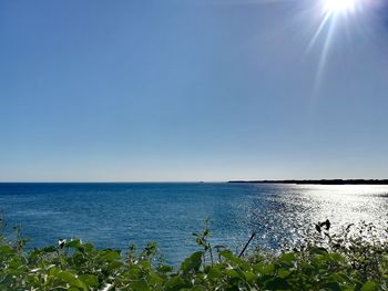 Scenic view of sea against clear blue sky