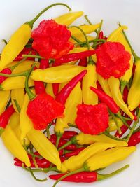 High angle view of chopped fruits in plate