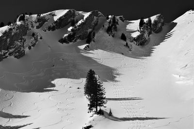 High angle view of snow on field during winter