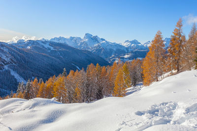 Mount marmolada winter panorama in a sunny day, dolomites, italy