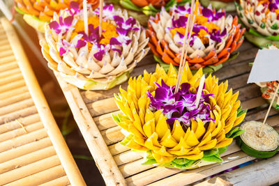 High angle view of various flowers on table at market